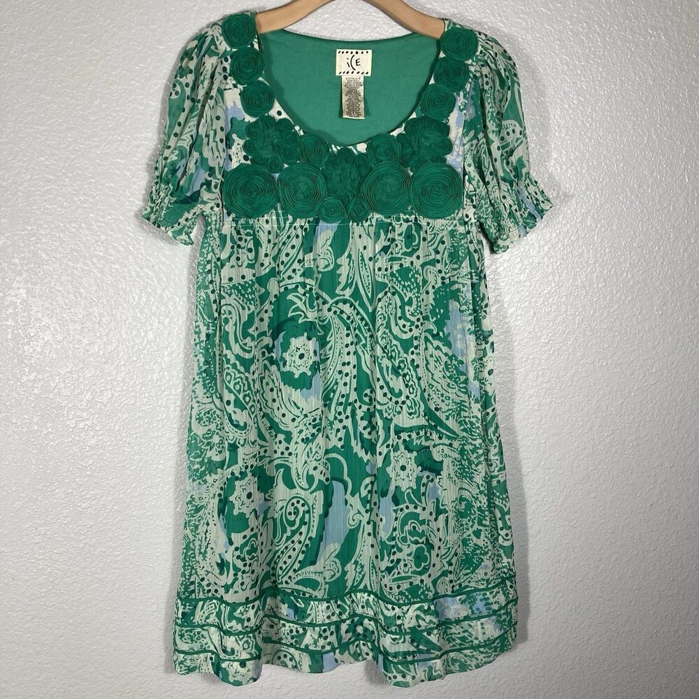 ICE Y2K Babydoll Dress Womens 6 Mini Fairy Kelly Green Embellished Sheer Tiered